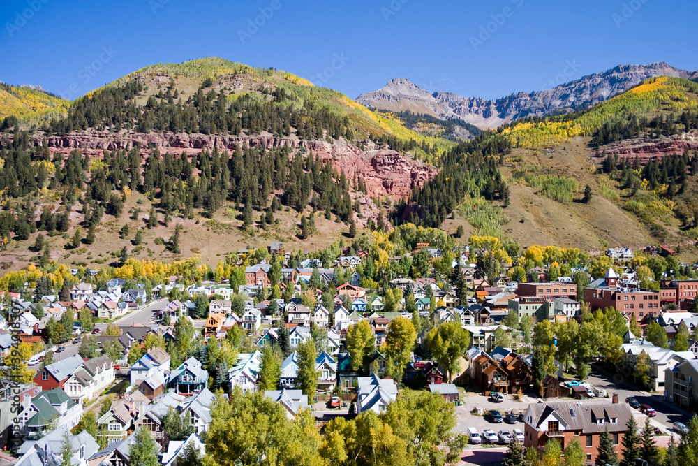 Autumn Telluride Residential - Autumn aerial view of Telluride homes in a residential area, San Miguel County, Colorado